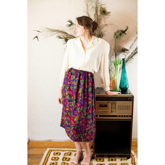 Vintage 80s Autumn Fall Cottagecore Floral Cream Secretary Midi Dress, M… - Picture 9 of 10